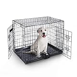 Dog Cage Crate – Pet Black Metal Folding Cage with 2 Doors (Front & Side) with Chew Resistant Plastic Base Tray and Carrier Handle – Heavy Duty Box Perfect for Puppy Training (Medium)