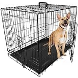 Dog Puppy Cage Folding 2 Door Crate with Plastic Tray Medium 30-inch Black