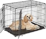 BUNNY BUSINESS UNDERDOG Metal Dog Crate / Cage – Pet Black Metal Folding Cage with 2 Doors Sliding Chew Resistant Plastic Base Tray Heavy Duty Puppy Training Solution (24' Small, Dog Crate)