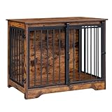 Hzuaneri Dog Crate Furniture, 81 cm Double Door Dog Crate with Barn Door, Indoor Kennel, End Side Table Wooden Animal Crates for Small Medium Dogs, Anti-Chew Anti-Escape, Rustic Brown DFC83601B